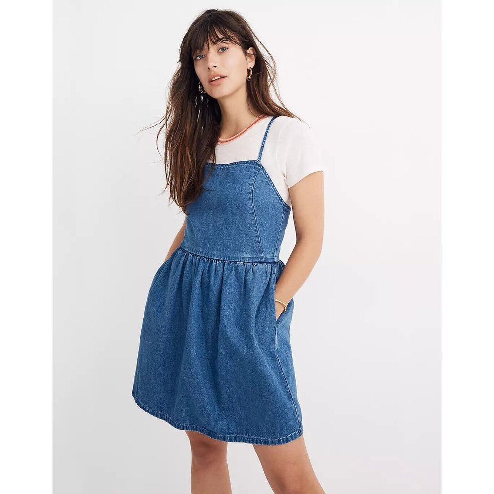 Madewell Womens 8 Denim Spaghetti Strap Criss Cross‎ Back Fit and Flare Sundress